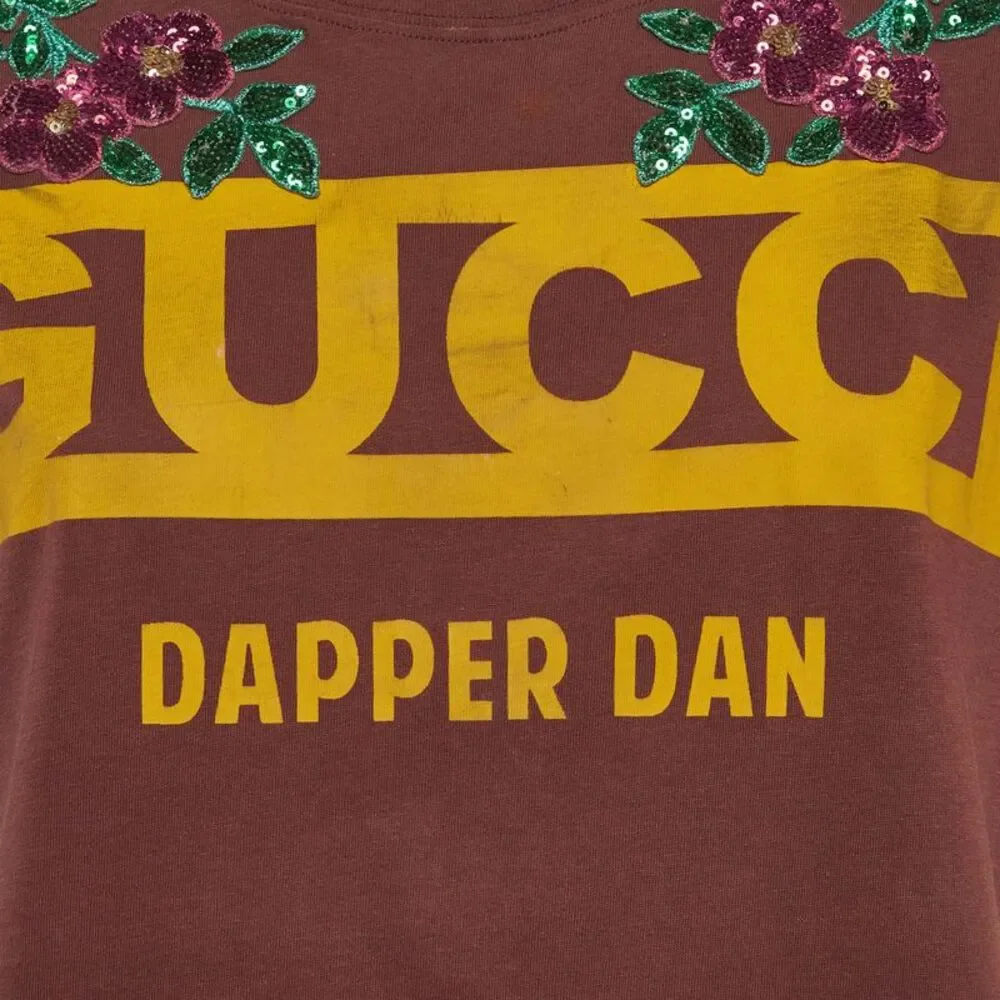 Gucci Dapper Dan Brown Logo Print Jersey Sequin T-Shirt Xs
